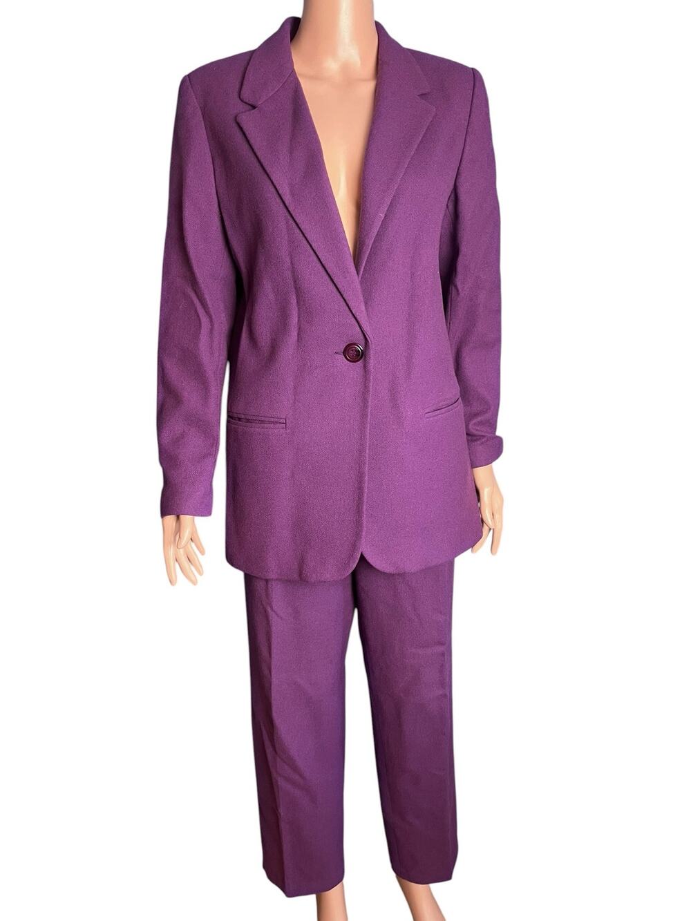 Sag Harbor Women’s Wool Pantsuit Purple Blazer Pants Suit 10 12 Vintage